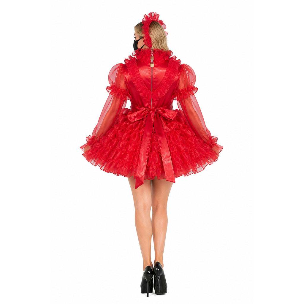 Red sissy maid dress with ruffles, sheer sleeves, and back bow, worn with black heels