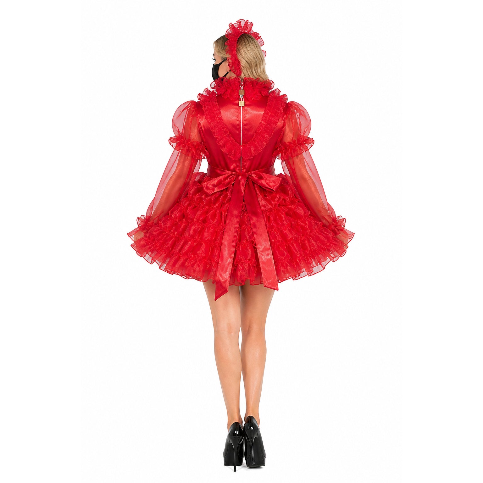 Red sissy maid dress with ruffles, sheer sleeves, and back bow, worn with black heels