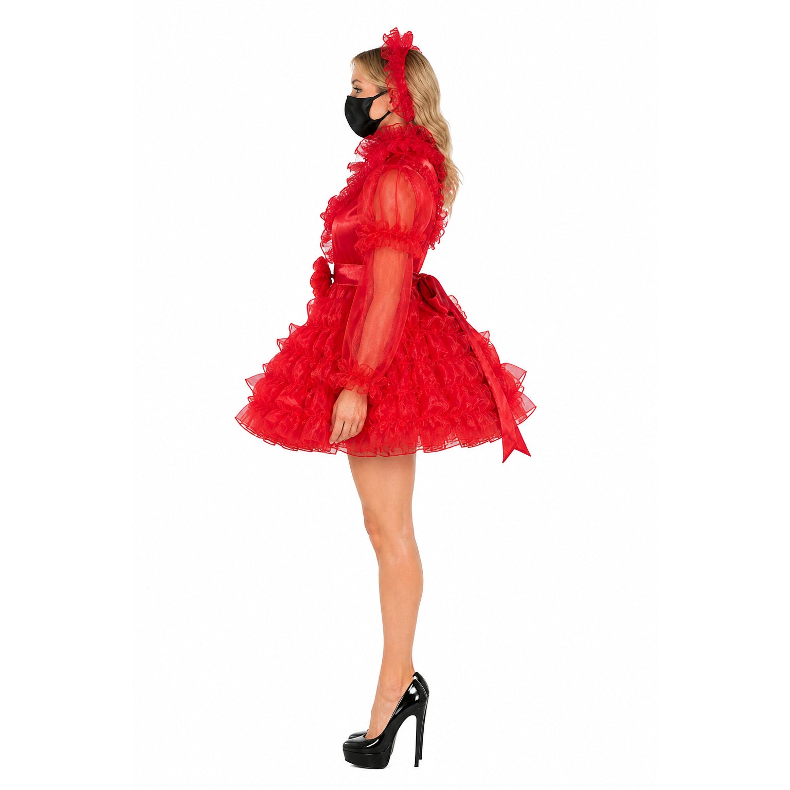 Red ruffled sissy maid dress with sheer sleeves, bow, and black heels