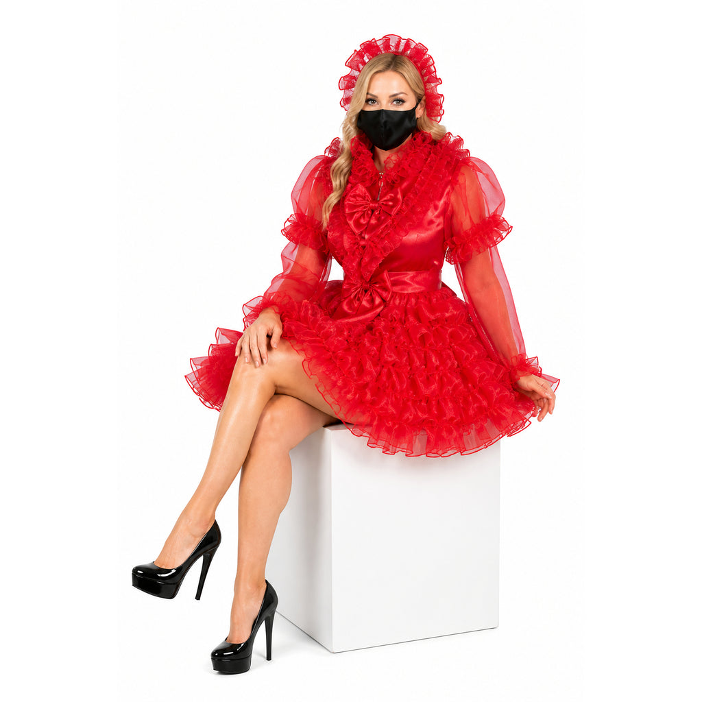 Red sissy maid dress with ruffles, sheer sleeves, and matching bonnet, paired with black heels
