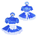 Blue polka dot sissy maid dress with white apron and ruffles, French-style costume set