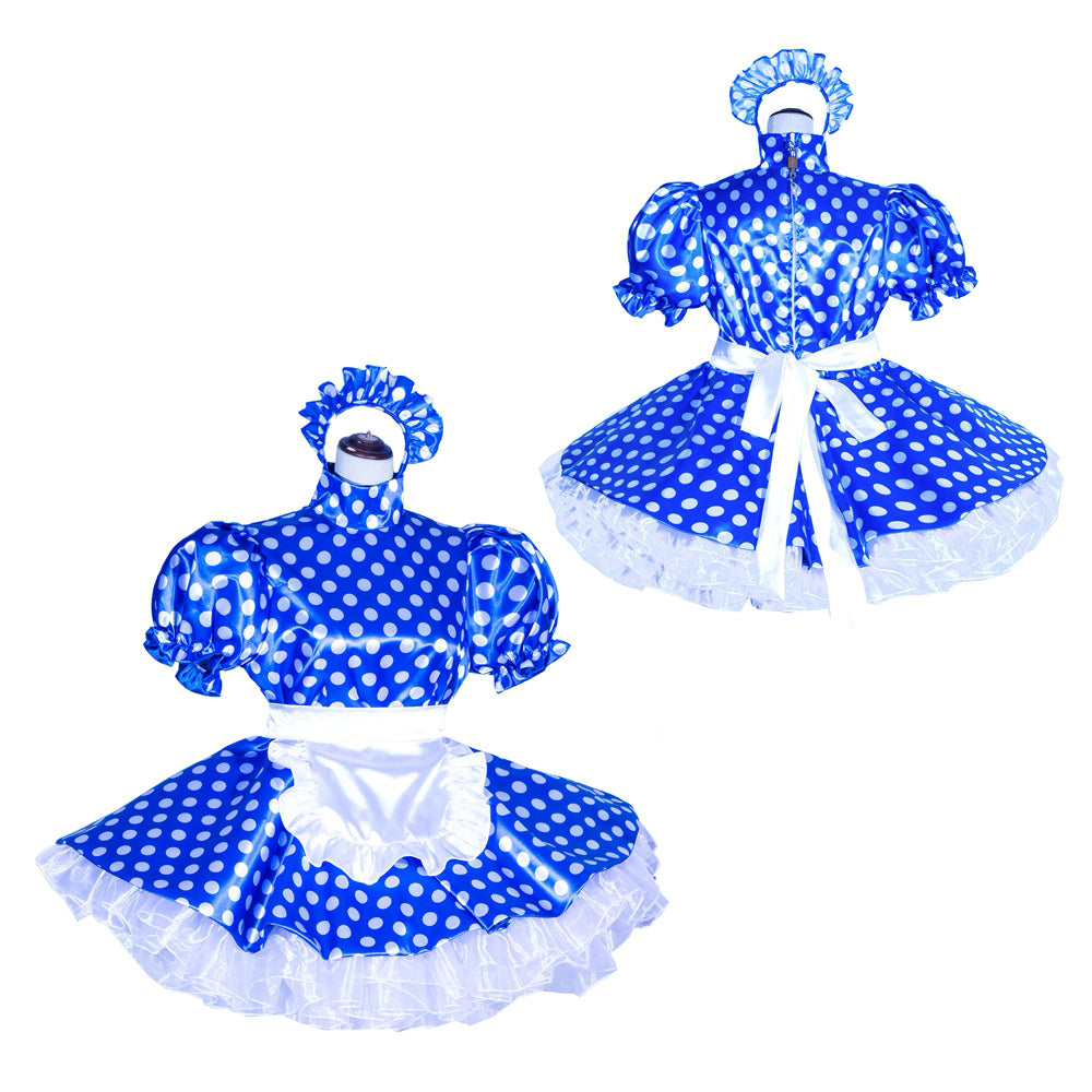 Blue polka dot sissy maid dress with white apron and ruffles, French-style costume set