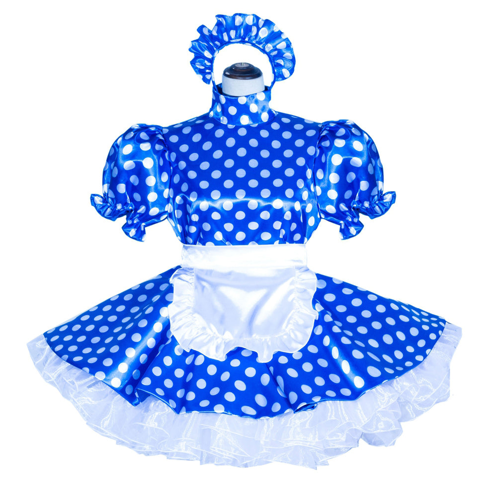 Blue polka dot sissy maid dress with white apron and matching headpiece, featuring puffed sleeves and ruffled hem.