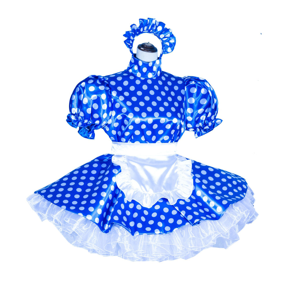 Blue polka dot sissy maid dress with white ruffles and matching headpiece