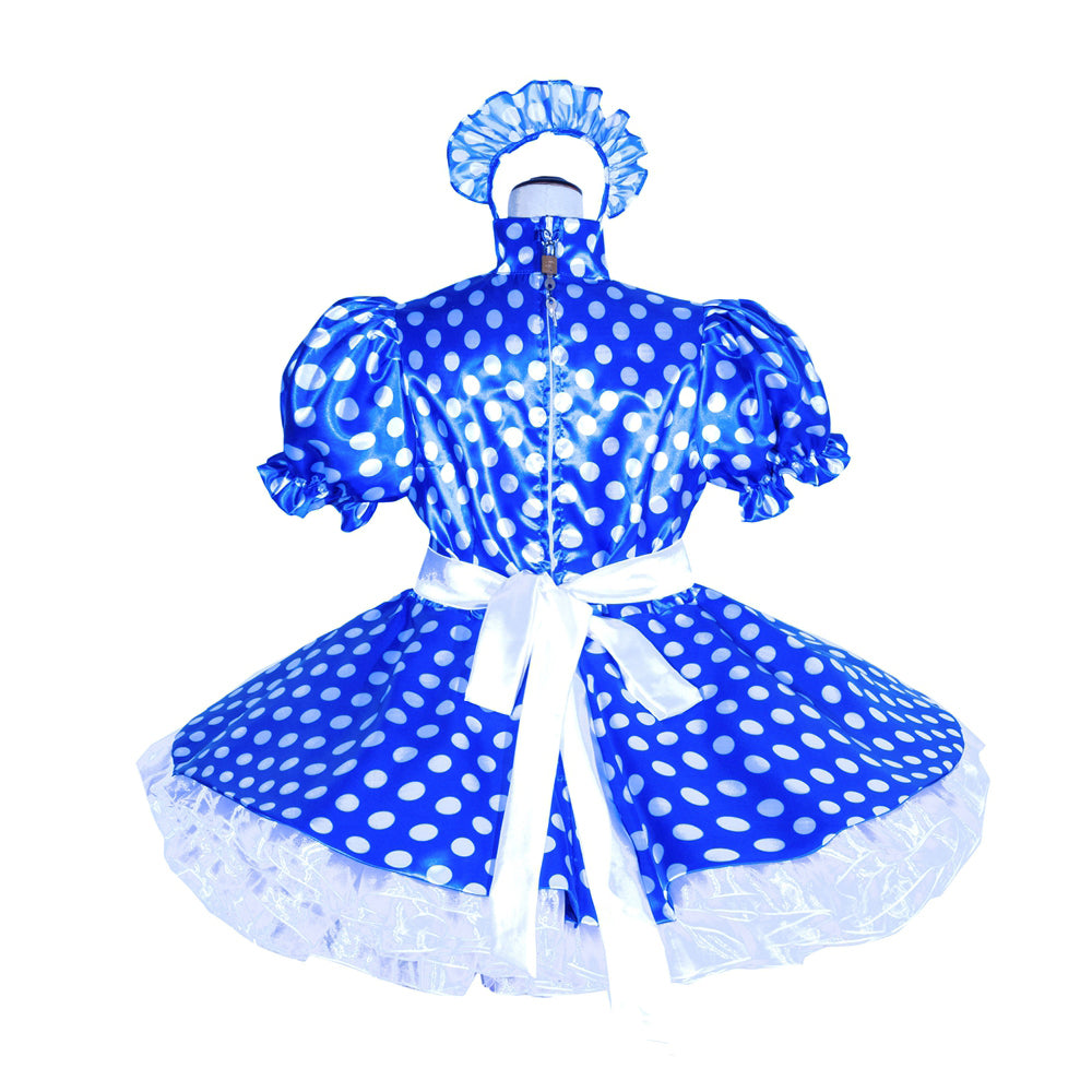 Blue polka dot sissy maid dress with white bow, ruffles, and matching headpiece