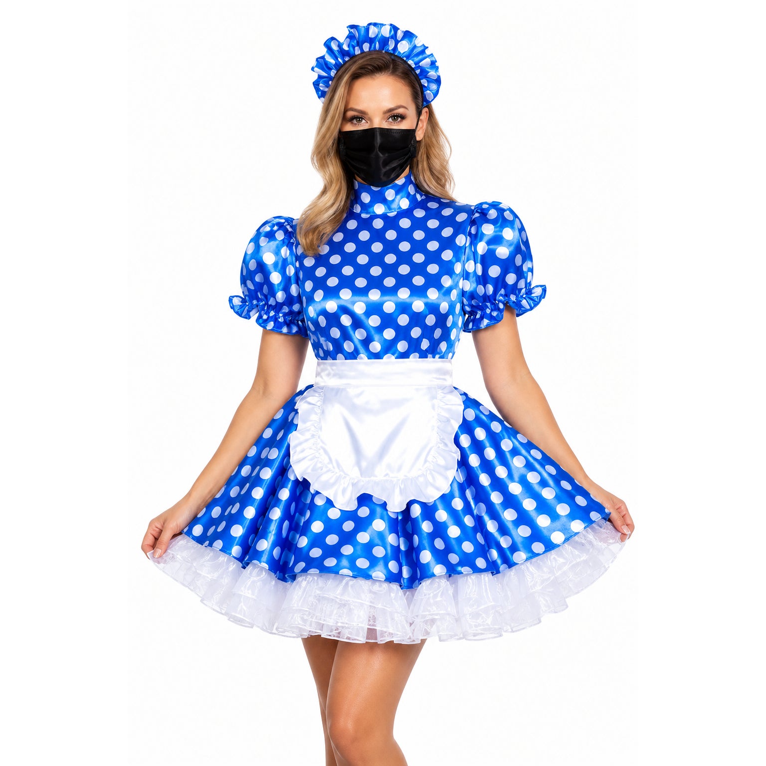 Blue polka dot sissy maid dress with white apron and matching headpiece, featuring puffed sleeves and ruffled hem.