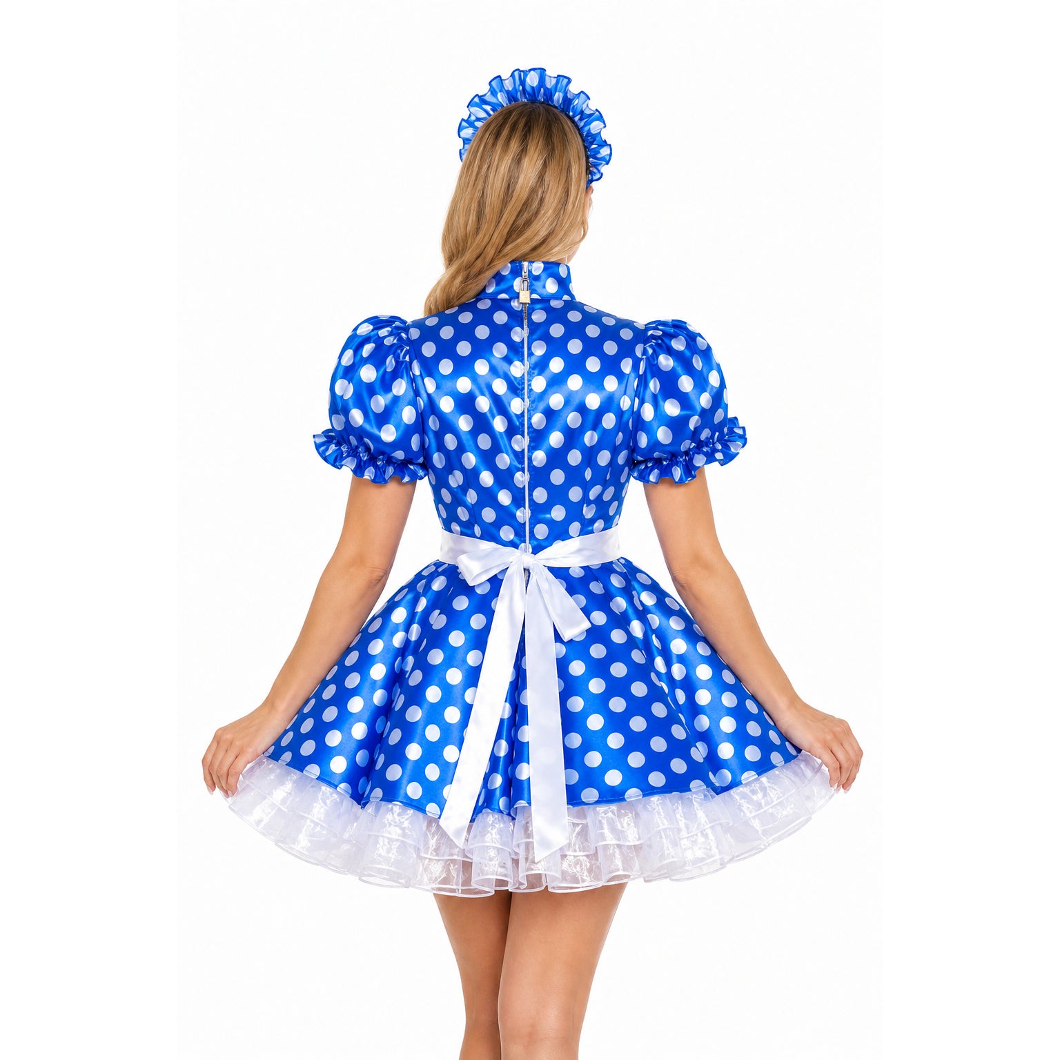 Blue polka dot sissy maid dress with white bow, ruffles, and matching headband, back view