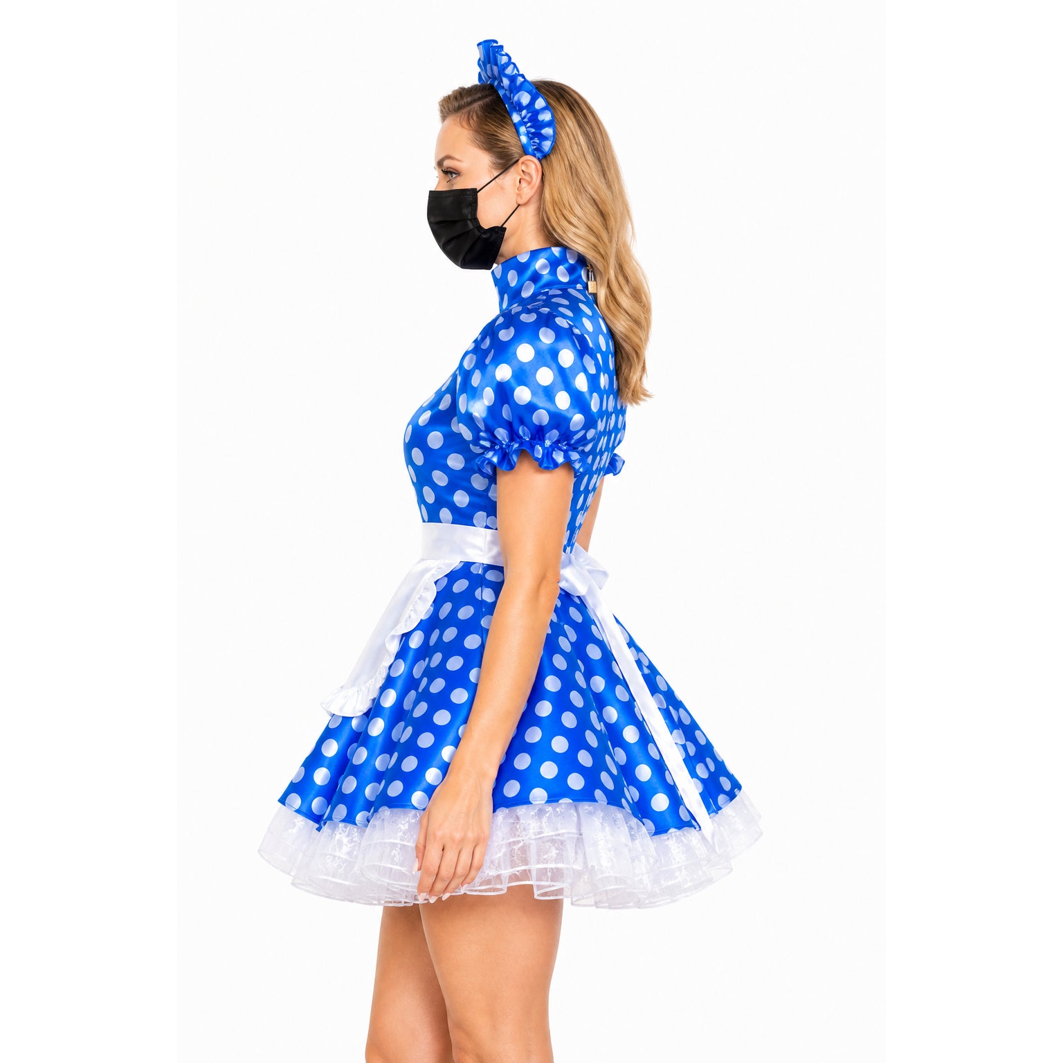 Blue polka dot sissy maid dress with white apron and headband, side view