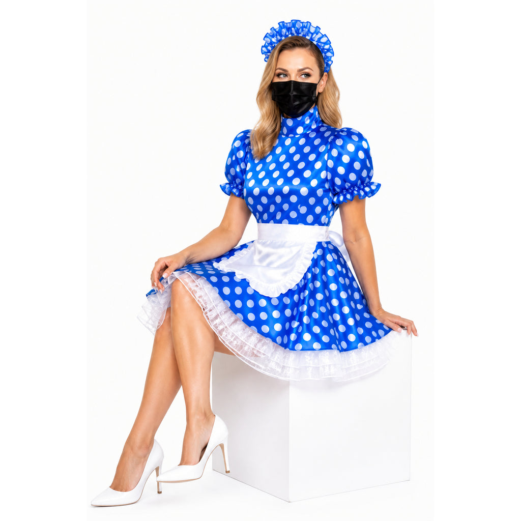 Blue polka dot sissy maid dress with white apron, ruffles, and matching headband, styled with white heels.