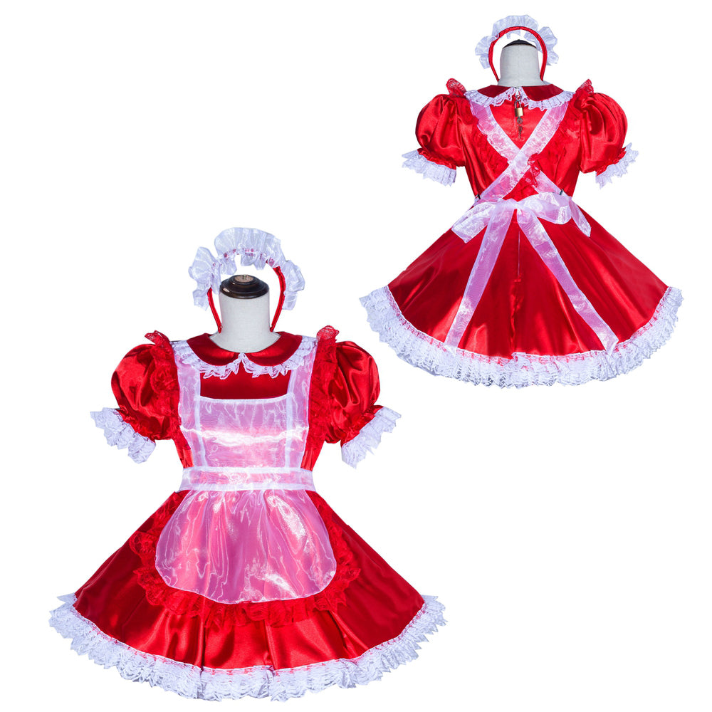 Red sissy maid dress with white lace, puffed sleeves, and apron, displayed on mannequins