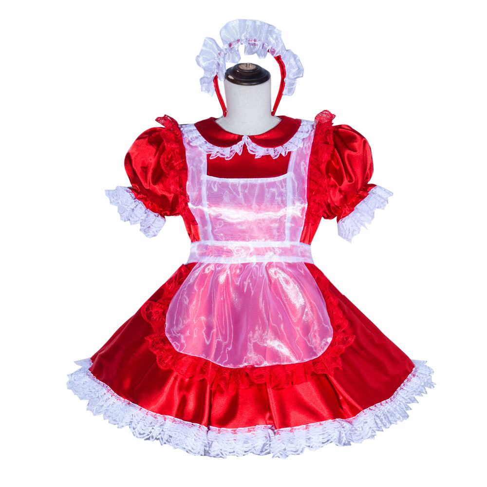 Red sissy maid dress with white lace apron and matching headpiece, featuring puffed sleeves and satin finish
