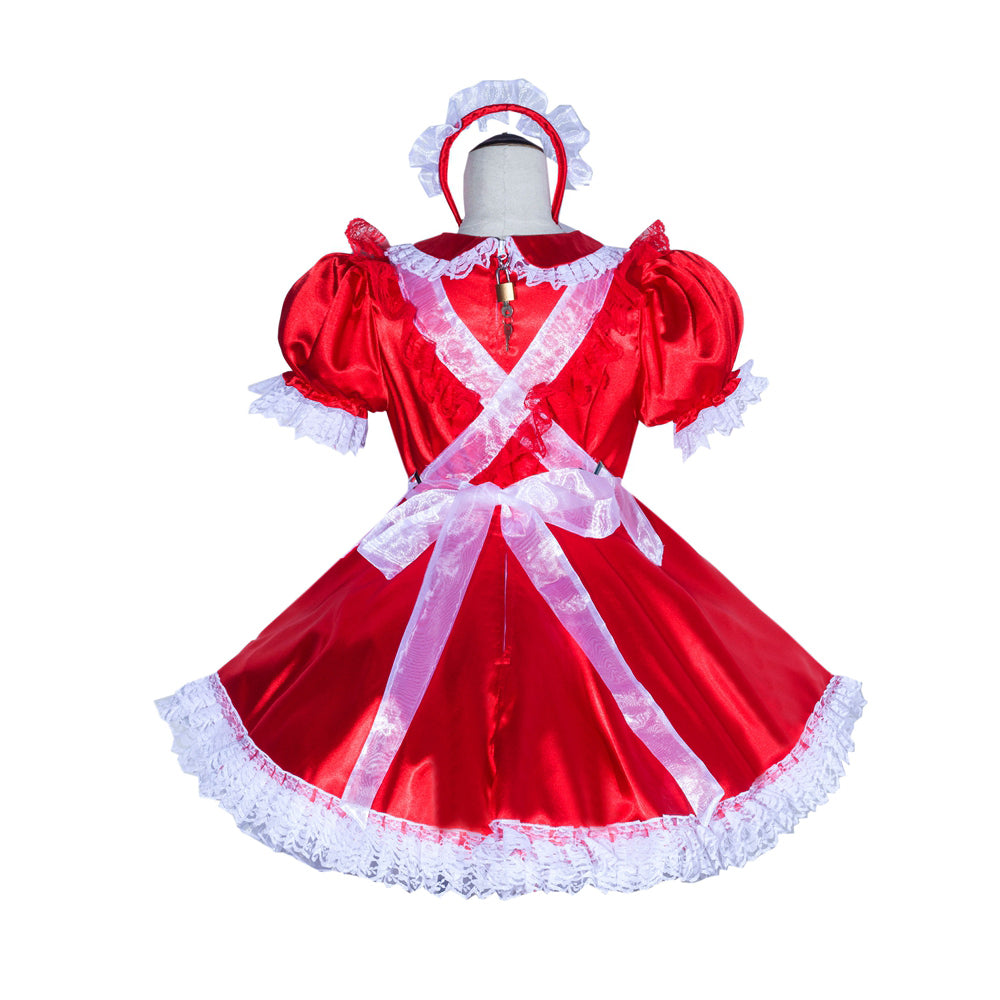 Red sissy maid dress with white lace, puff sleeves, and bow, displayed on mannequin