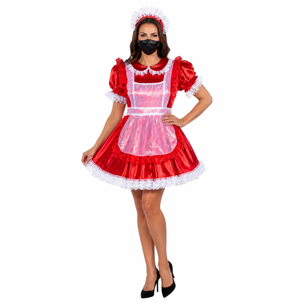 Red sissy maid dress with white lace, apron, and matching headpiece, styled for costume fashion.