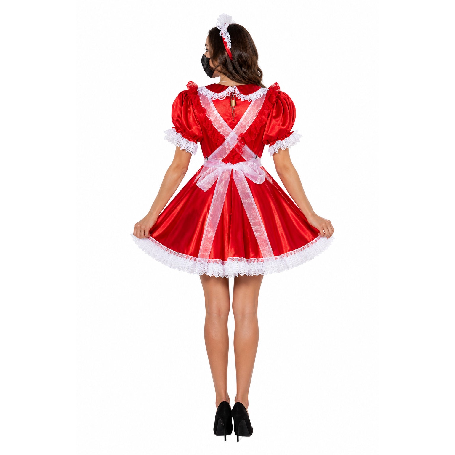Red sissy maid dress with white lace, bow, and lock detail, shown from back