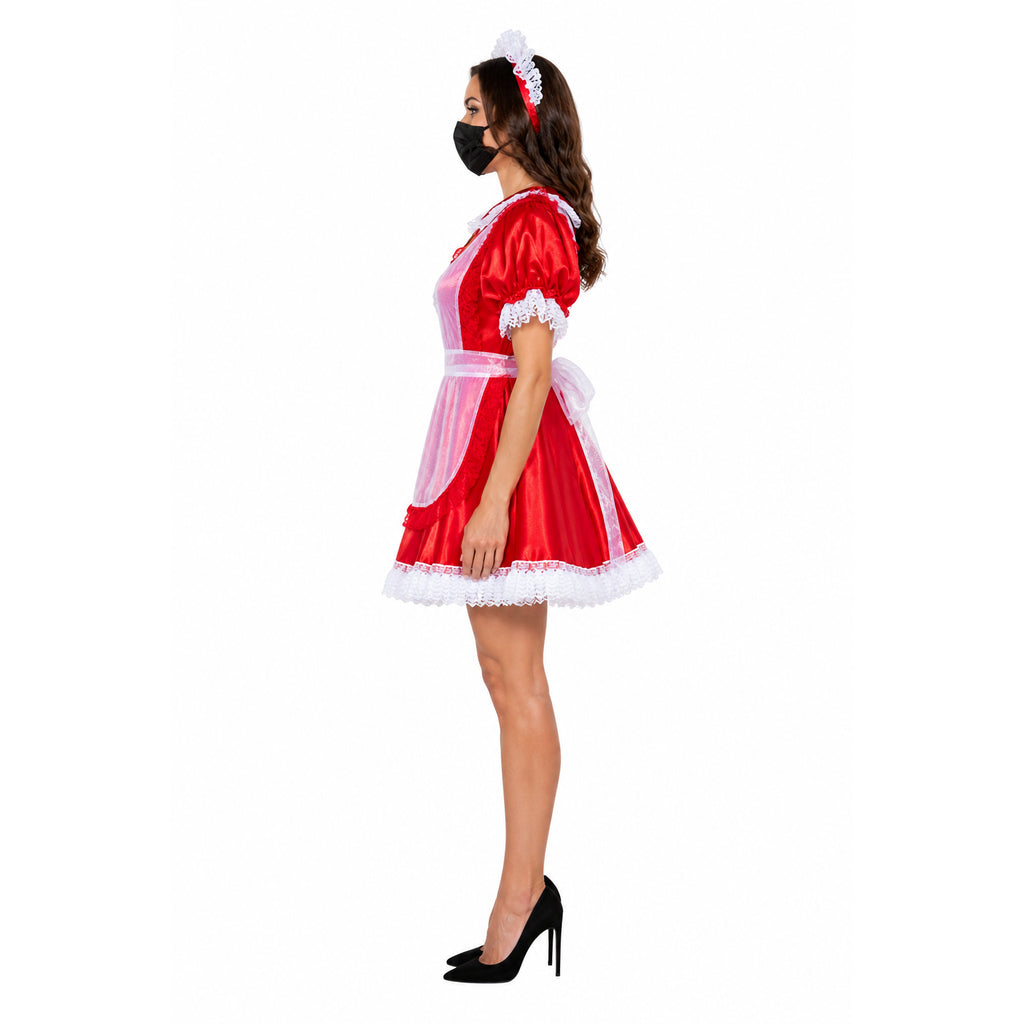 Red sissy maid dress with white lace, apron, and headband, styled with black heels