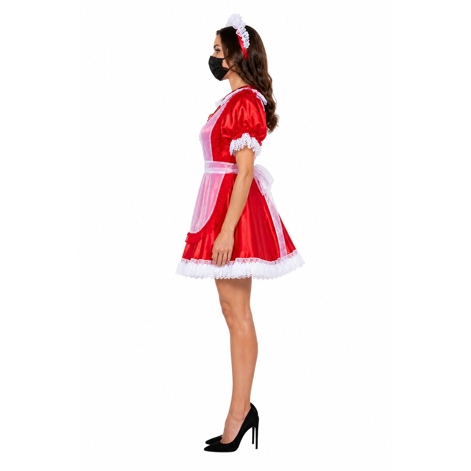 Red sissy maid dress with white lace, apron, and headband, styled with black heels