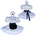 Polka dot sissy maid dress with ruffled skirt, puff sleeves, and black bow accent
