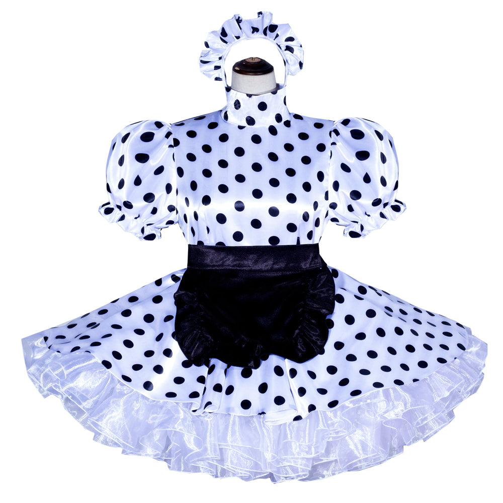 Polka dot sissy maid dress with puffed sleeves, ruffled skirt, and matching headband