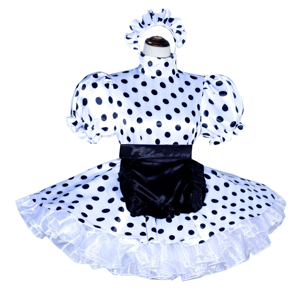 Polka dot sissy maid dress with puffed sleeves, black apron, and ruffled skirt