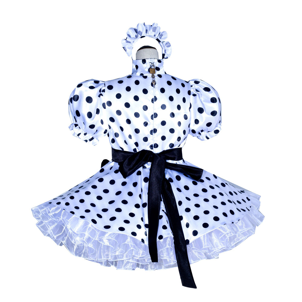 White polka dot sissy maid dress with black bow, puffed sleeves, and ruffled skirt