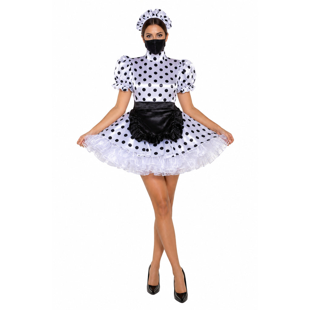 Polka dot sissy maid dress with ruffled skirt, black apron, and matching hat