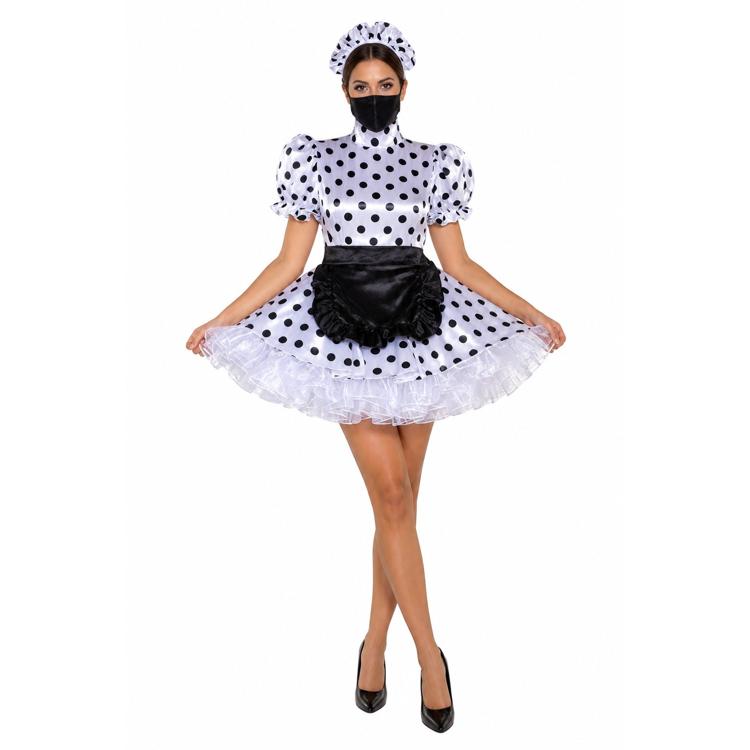 Polka dot sissy maid dress with ruffled skirt, black apron, and matching hat