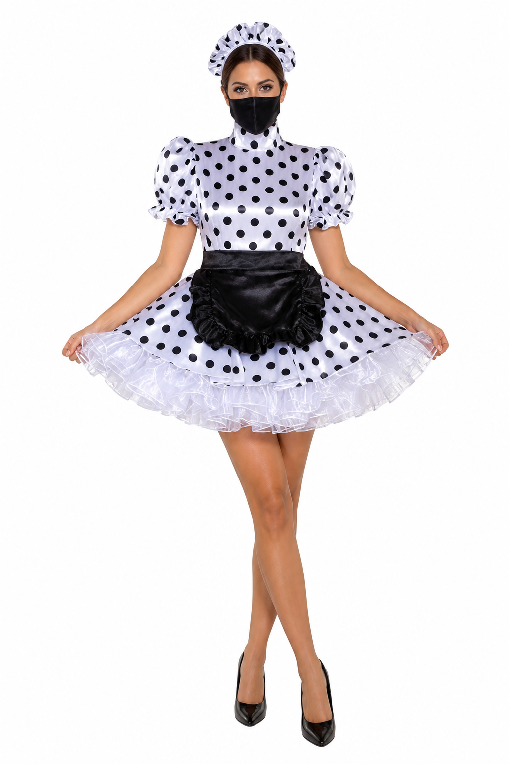 White Polka Dot Satin Dress G4019