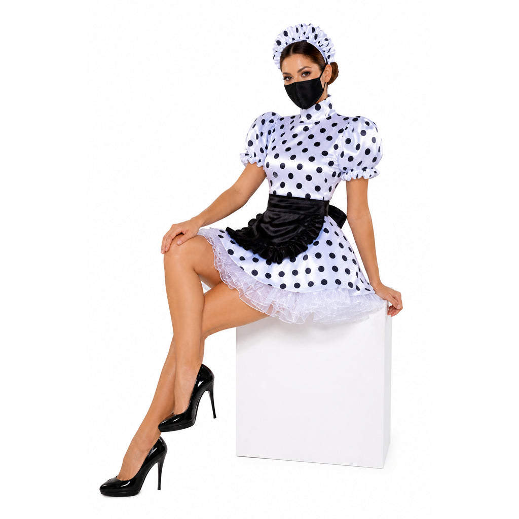 Polka dot sissy maid dress with black apron, matching cap, and high heels
