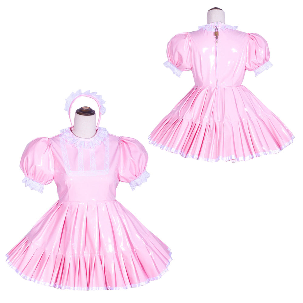 Pink PVC sissy maid dress with lace trim, puffed sleeves, and matching headband, shown front and back