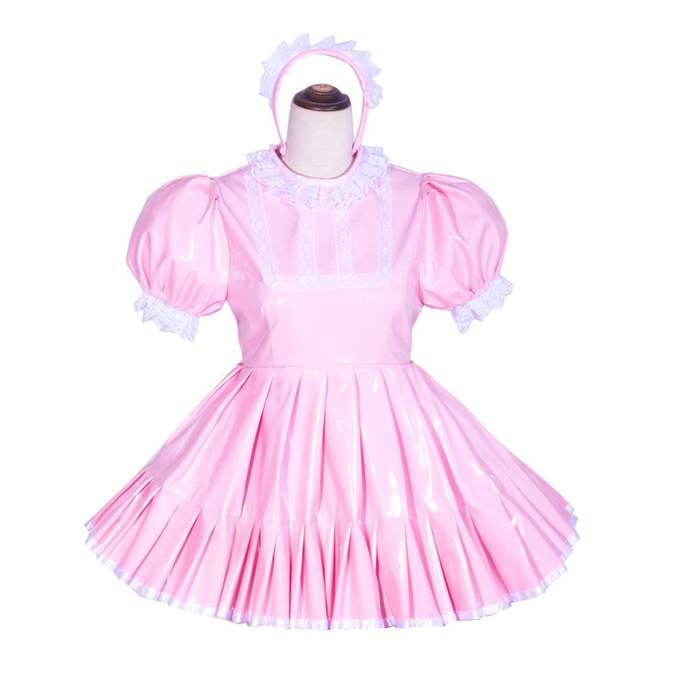 Pink sissy maid dress with lace trim, puffed sleeves, and matching headband on mannequin