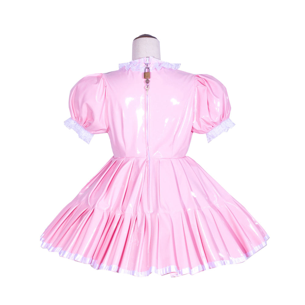 Pink PVC sissy maid dress with lace trim, puffed sleeves, and back zipper lock detail
