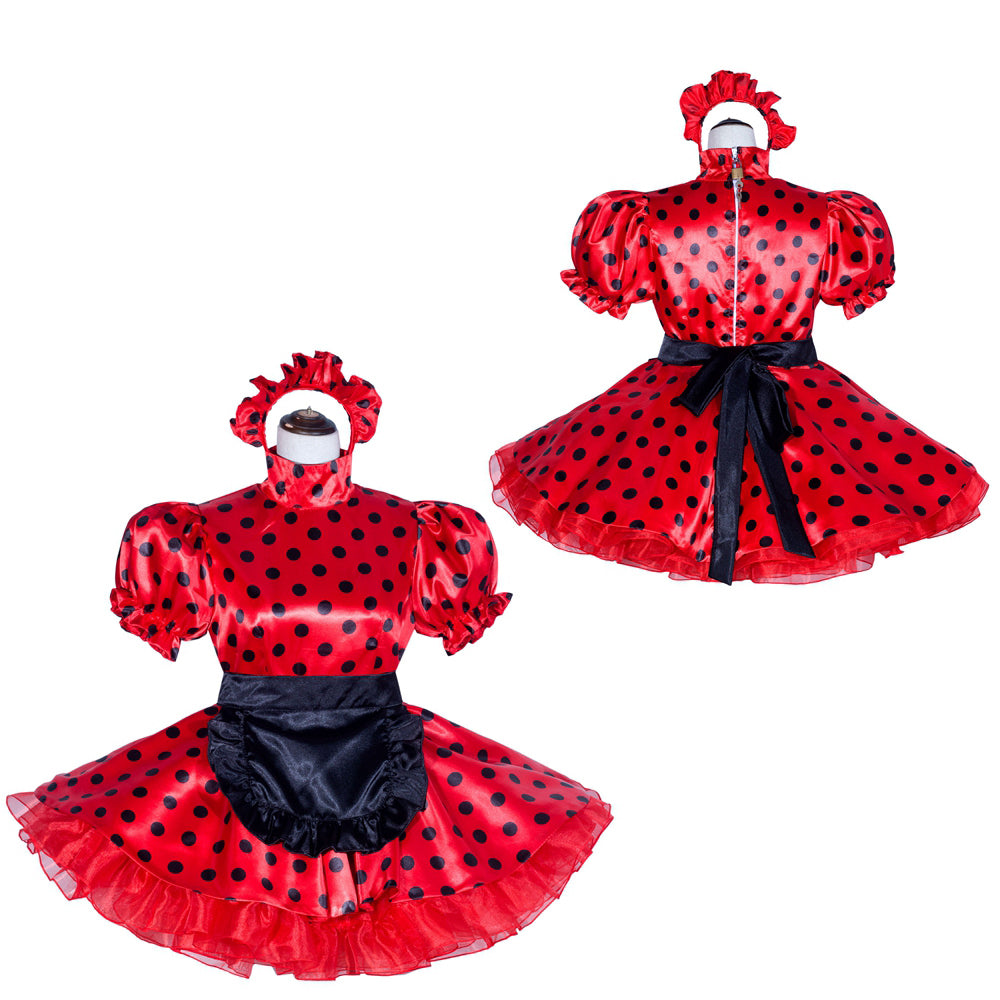 Red polka dot sissy maid dress with black bow and ruffled sleeves