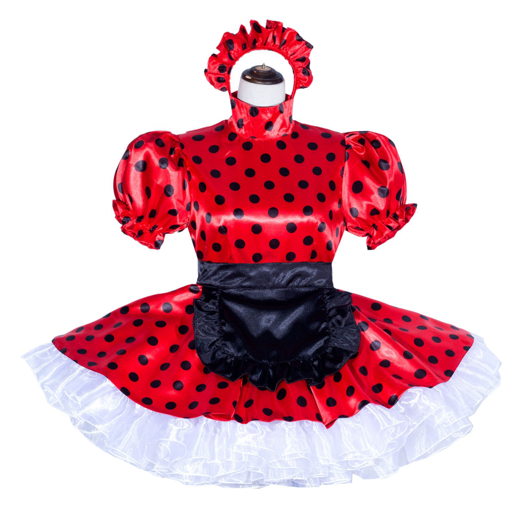 Red polka dot sissy maid dress with black apron, puffed sleeves, white ruffle hem, and matching headband