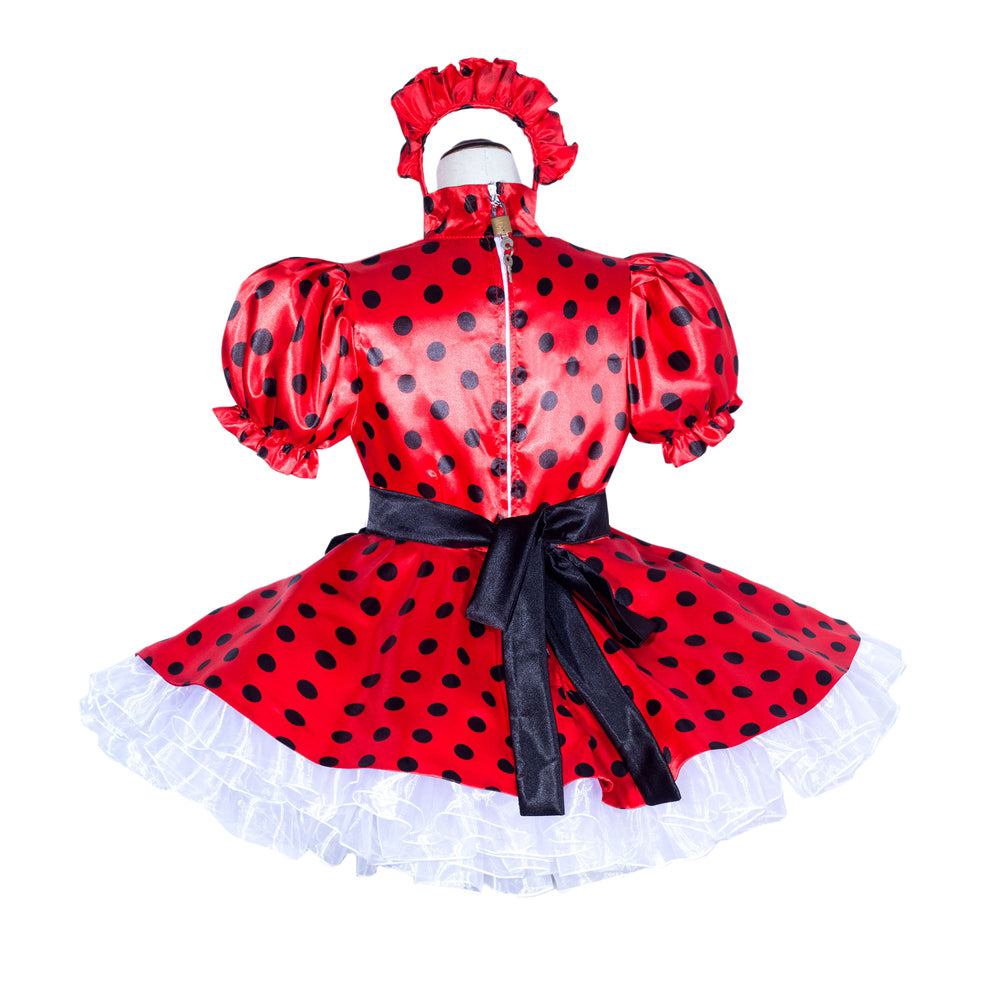 Red polka dot sissy maid dress with black bow, white ruffles, and matching headband