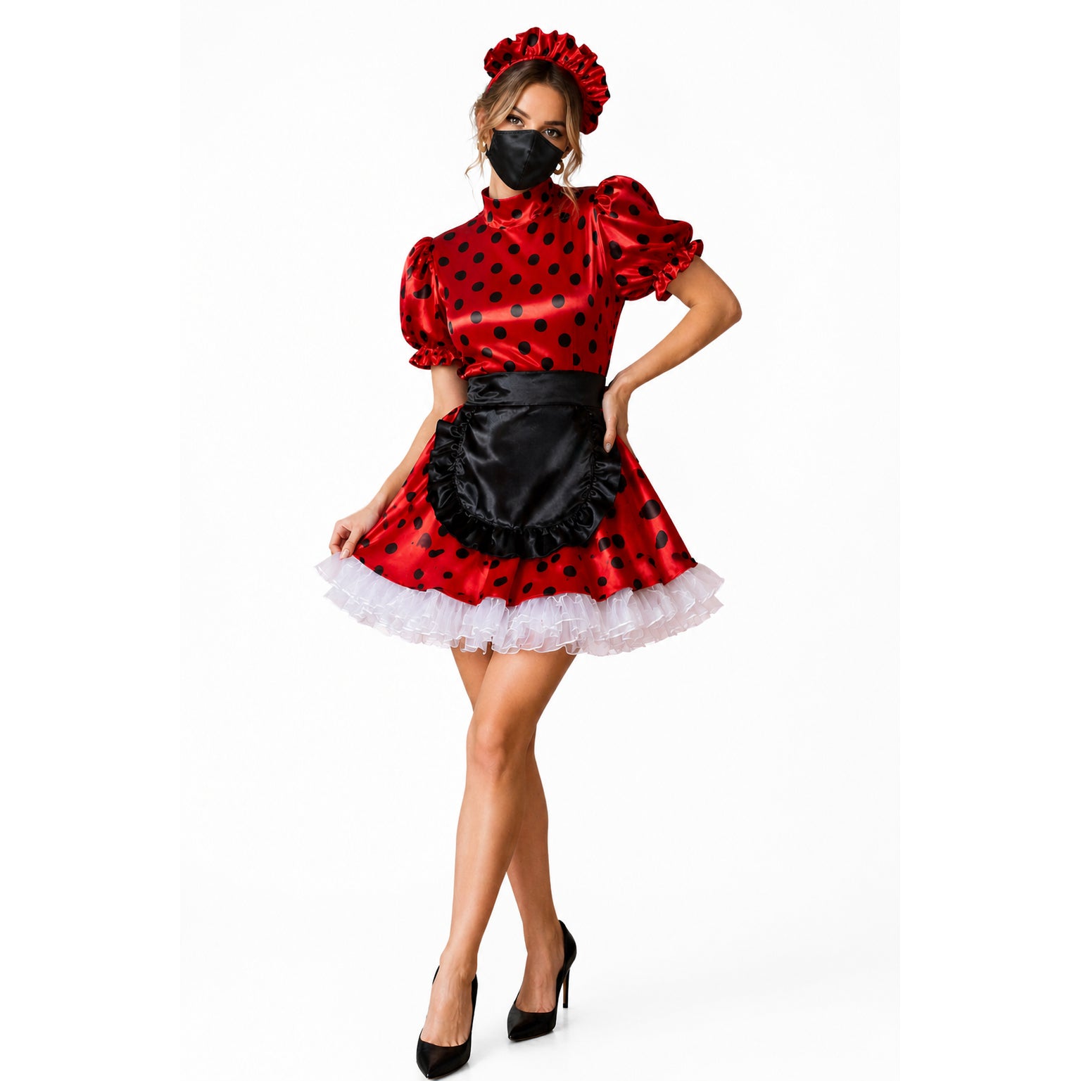 Red polka dot sissy maid dress with black apron, white ruffles, and matching headpiece