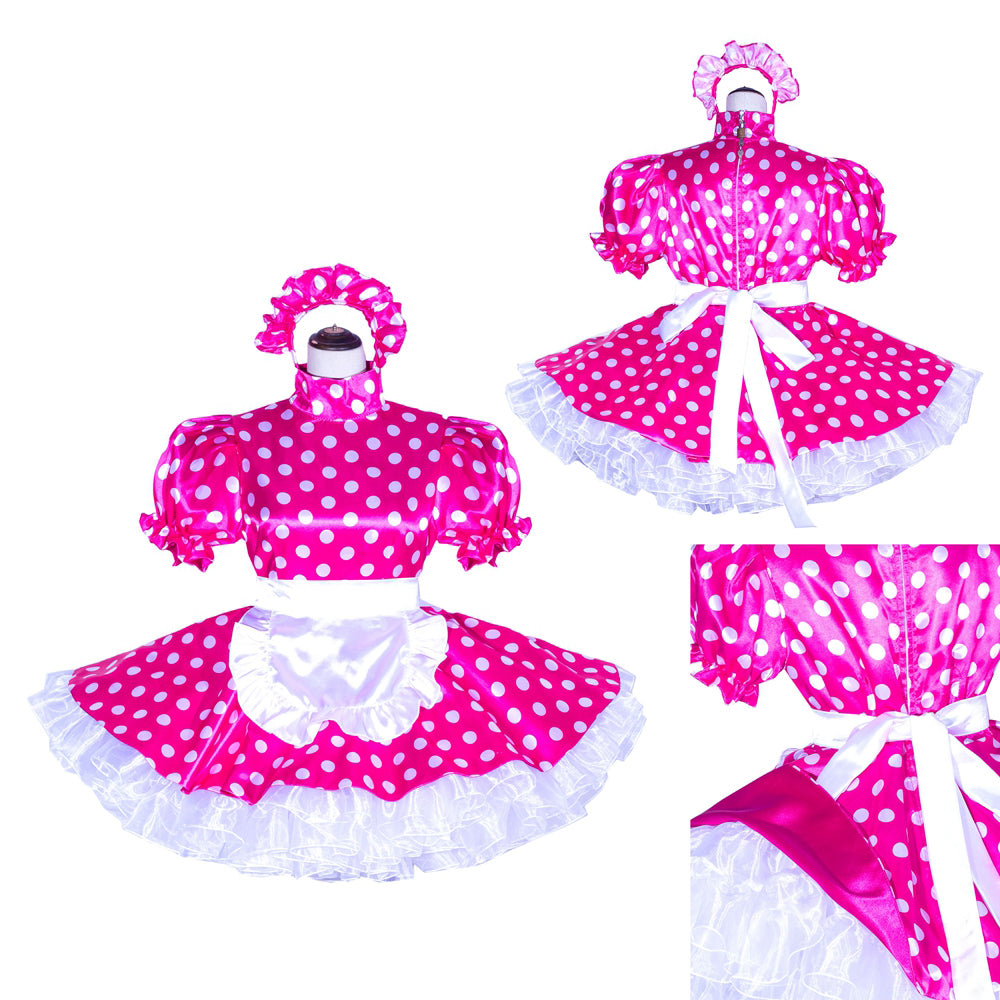 Pink polka dot sissy maid dress with white apron and ruffles, featuring puffed sleeves and bow detail