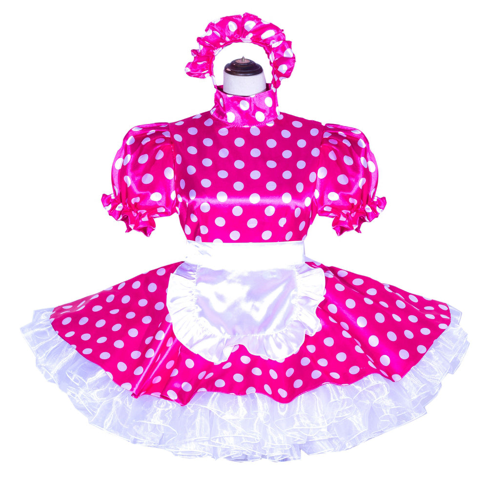 Pink polka dot sissy maid dress with white apron and matching headband, featuring puffed sleeves and ruffled skirt.