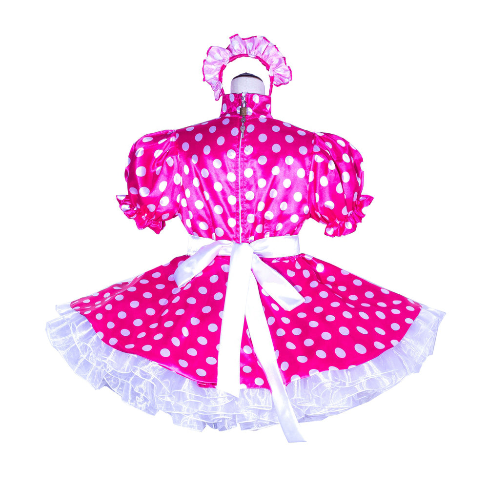 Pink polka dot sissy maid dress with white ruffles and bow, featuring puffed sleeves and matching headpiece
