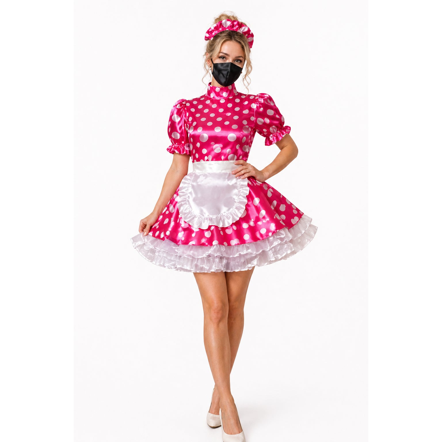Pink polka dot sissy maid dress with white apron and ruffles, styled with matching headband