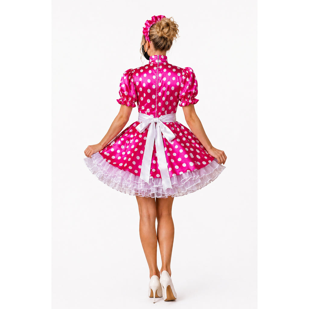 Pink polka dot sissy maid dress with white bow and ruffled hem, back view