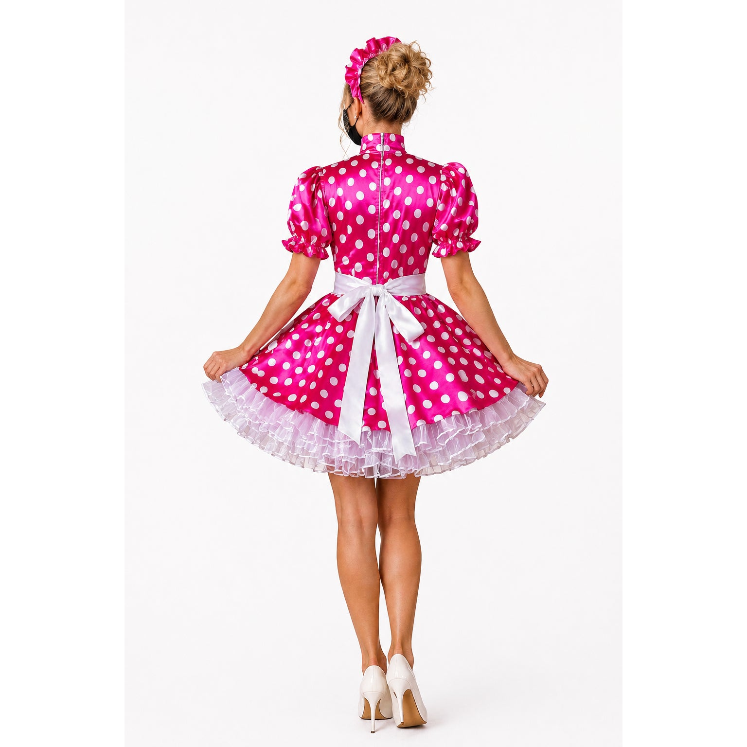 Pink polka dot sissy maid dress with white bow and ruffled hem, back view