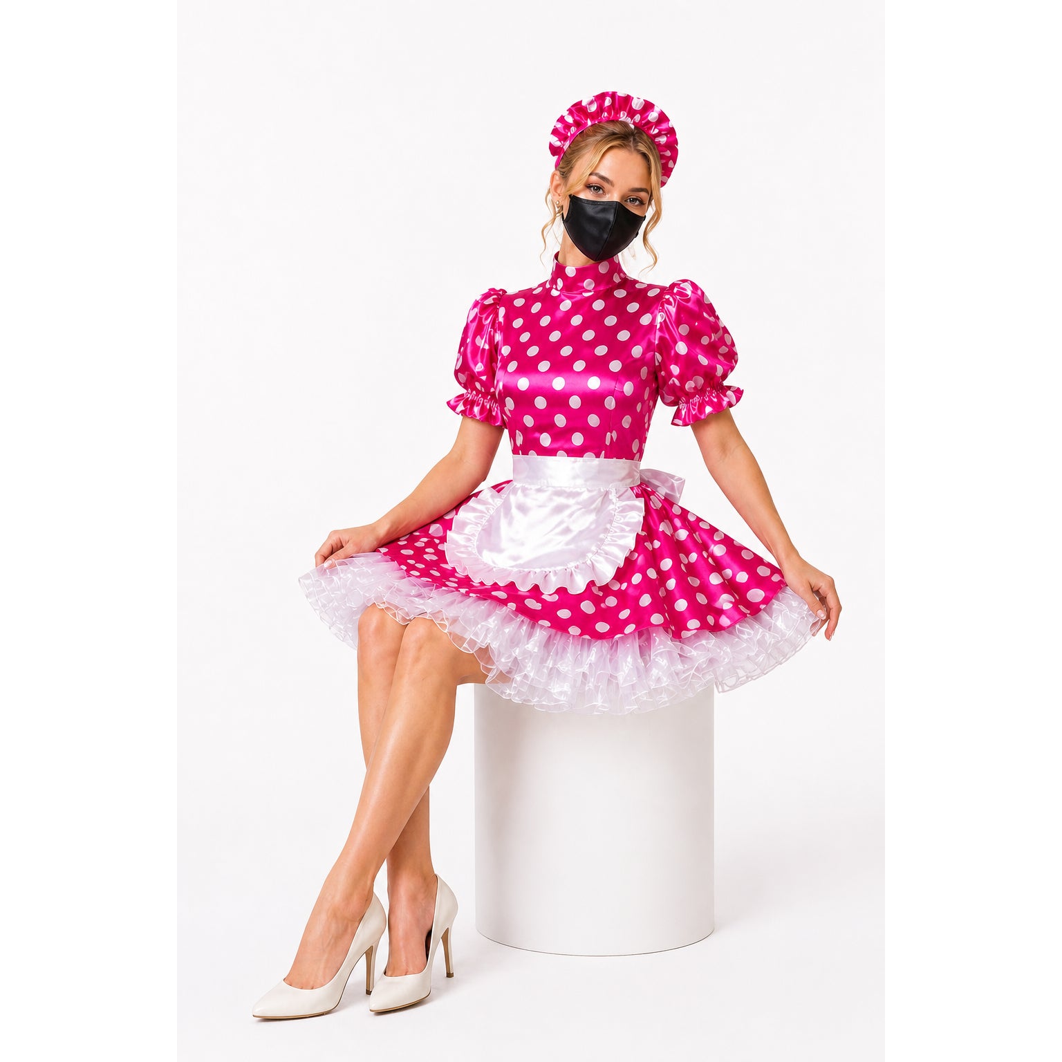 Pink polka dot sissy maid dress with white apron, matching hat, and heels