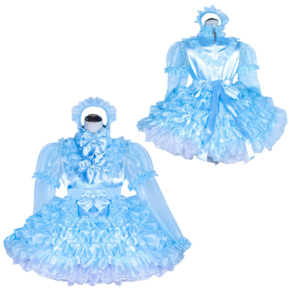 Light blue sissy maid dress with ruffles, bows, and sheer sleeves, shown front and back