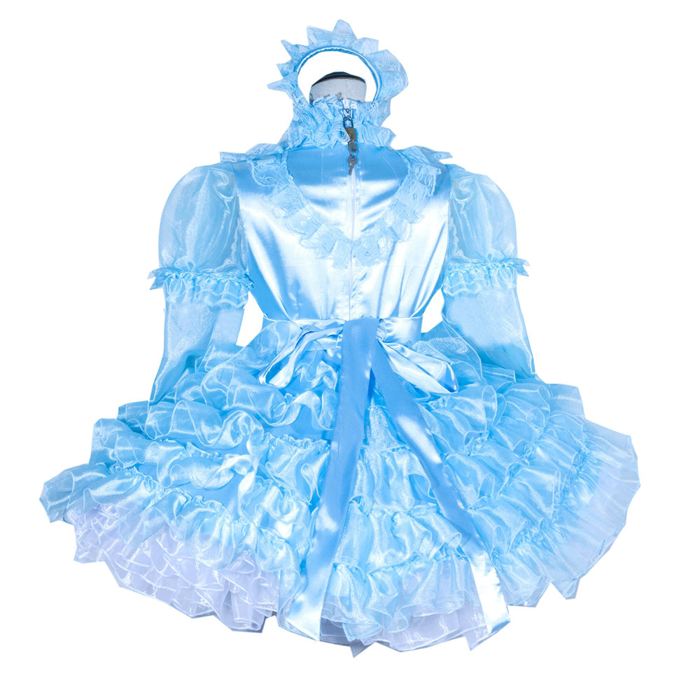 Light blue sissy maid dress with ruffles, satin finish, and matching headpiece for costume fashion