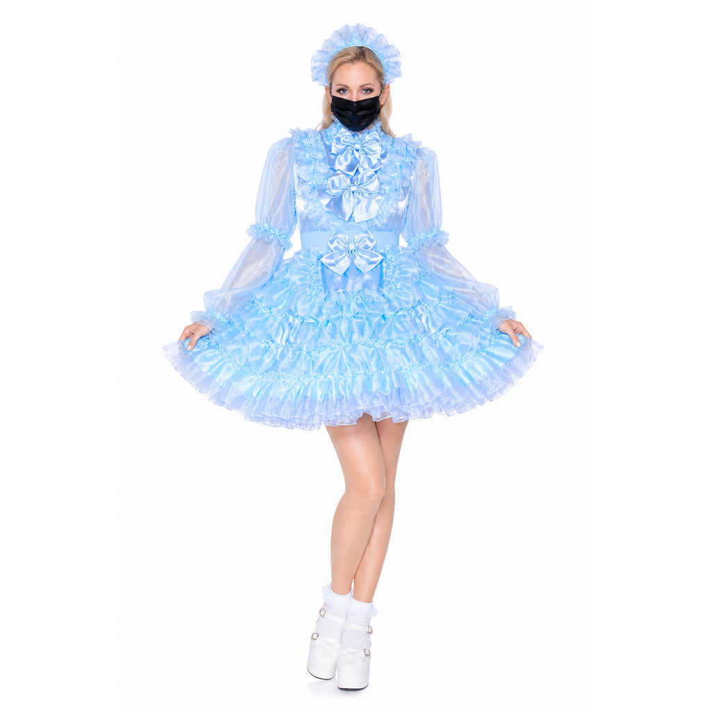 Light blue sissy maid dress with ruffles, bows, and matching hat, styled with white platform shoes.