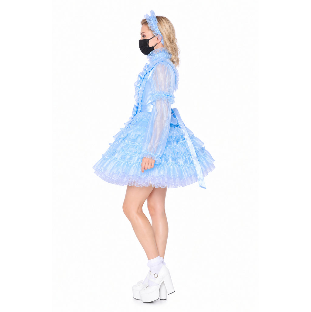Light blue sissy maid dress with ruffles, sheer sleeves, and matching headband, styled with white platform shoes.