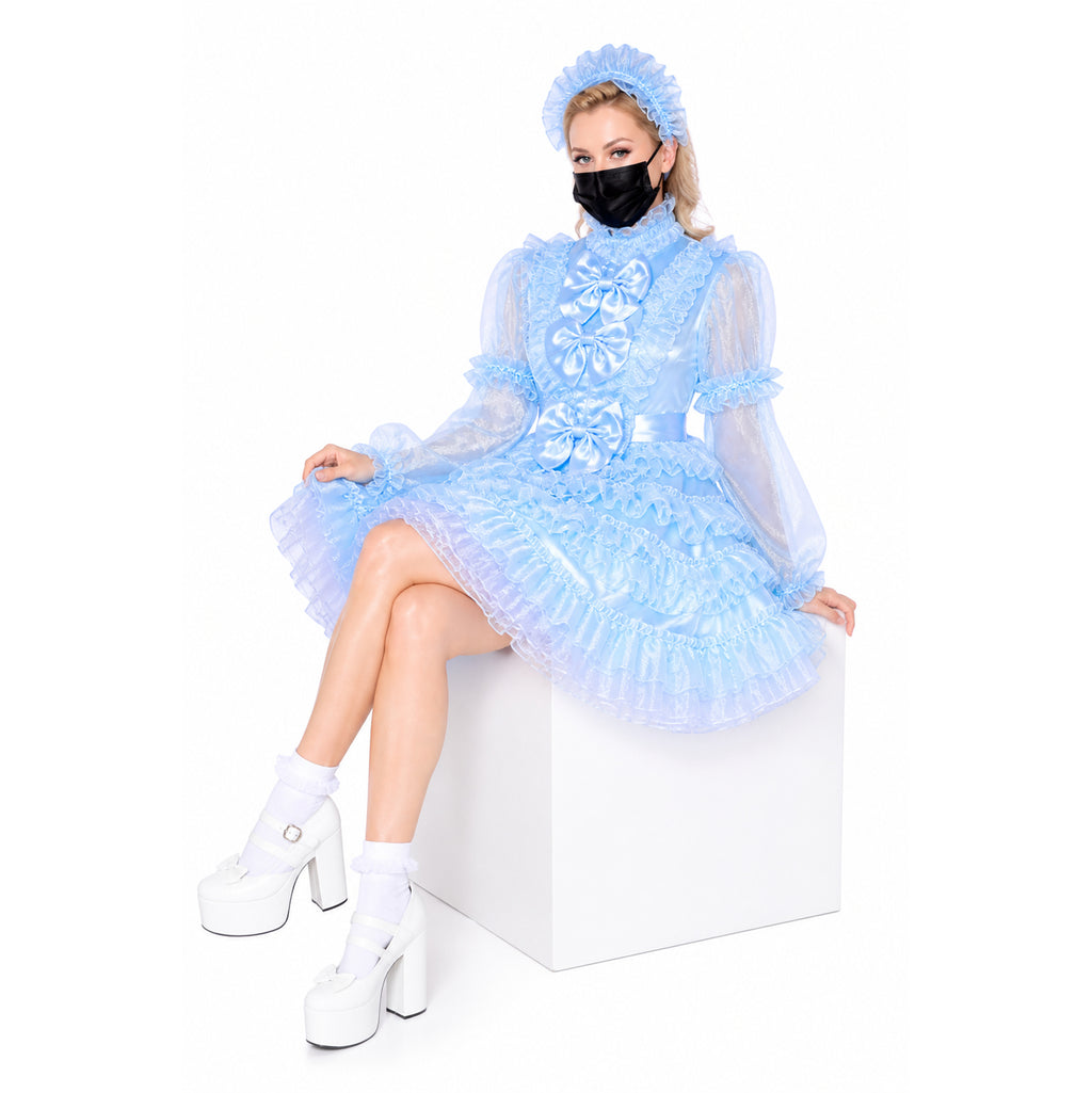 Light blue sissy maid dress with ruffles, bows, and matching bonnet, paired with white platform shoes