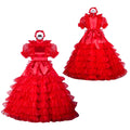 Red sissy maid dress with ruffled layers, puff sleeves, and satin bodice on mannequin