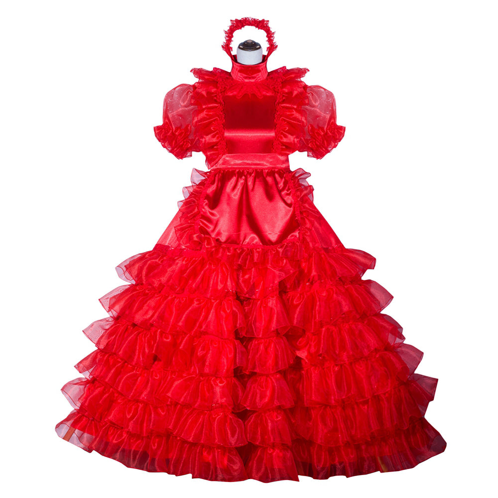 Red sissy maid dress with ruffled layers, puffy sleeves, and matching headpiece on mannequin