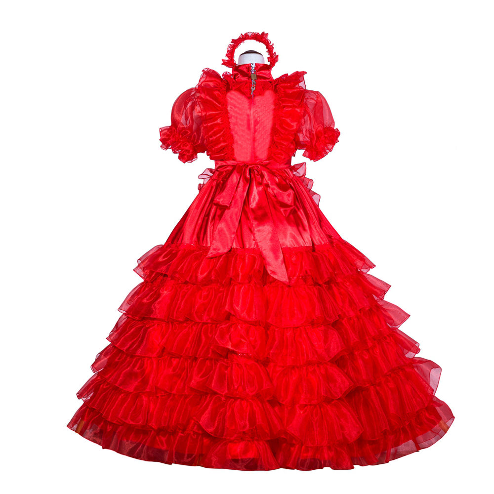 Red sissy maid dress with ruffled layers, puffy sleeves, and matching headpiece for costume fashion